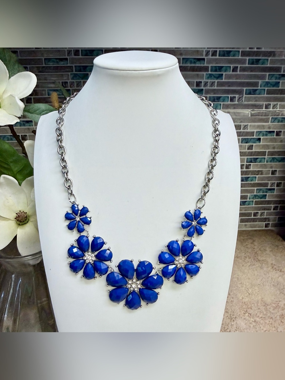 Cobalt blue and silver tone floral statement necklace